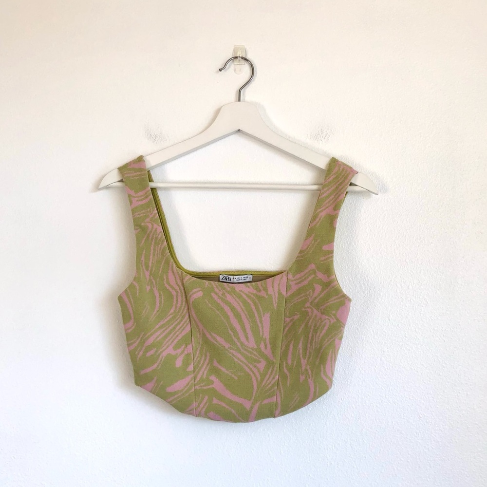 Zara Green Pink Abstract Swirl Knit Cropped Tank Top Size Medium